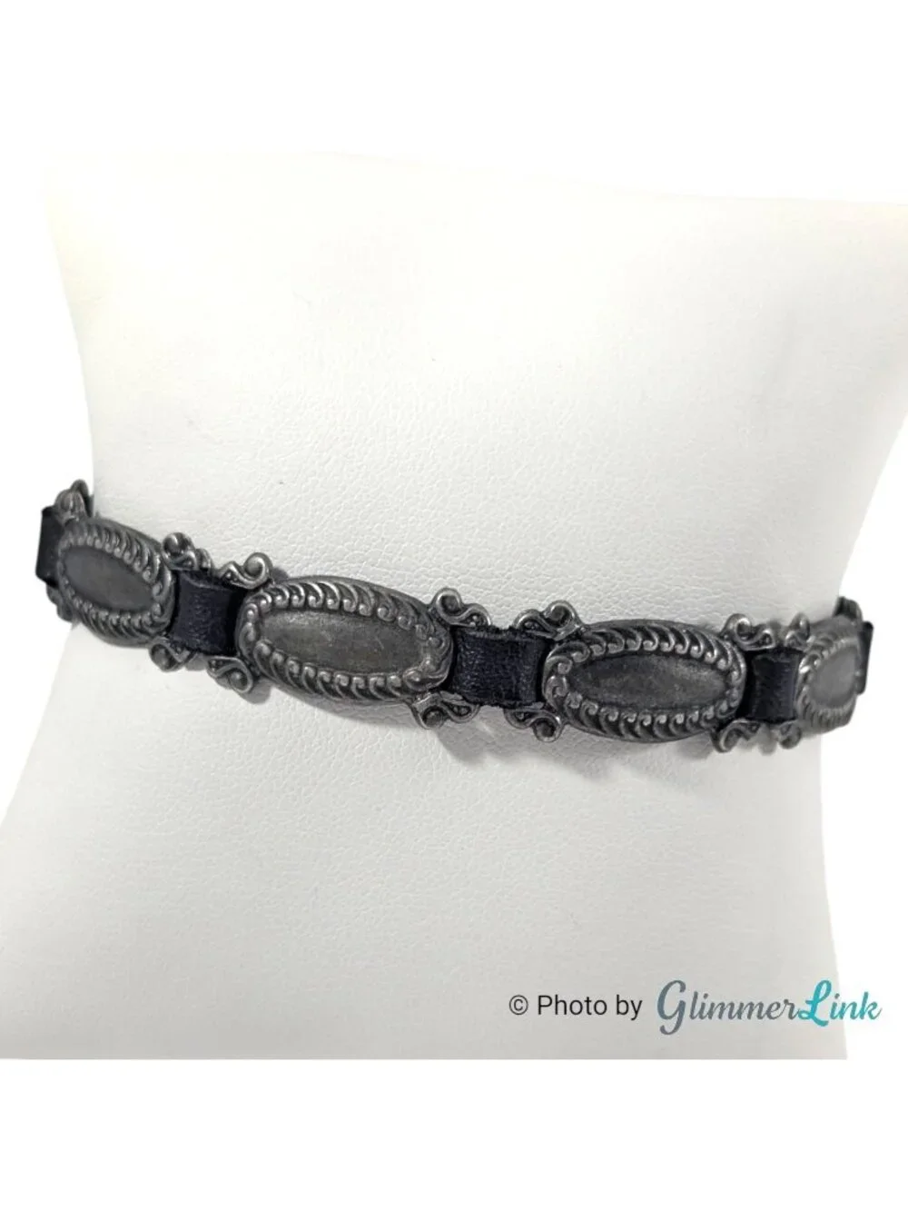 Vintage Western Concho Link Bracelet Black Leather Silver Tone 7 Inch
